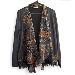 Mystree Charcoal Cardigan with Paisley Burnout Scarf Accents